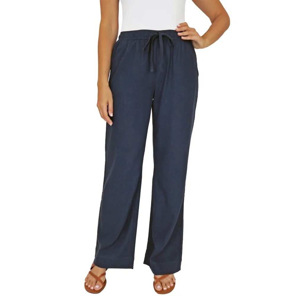 Briggs Womens Navy Blue Linen Blend Wide Leg Drawstring Pants Small NEW